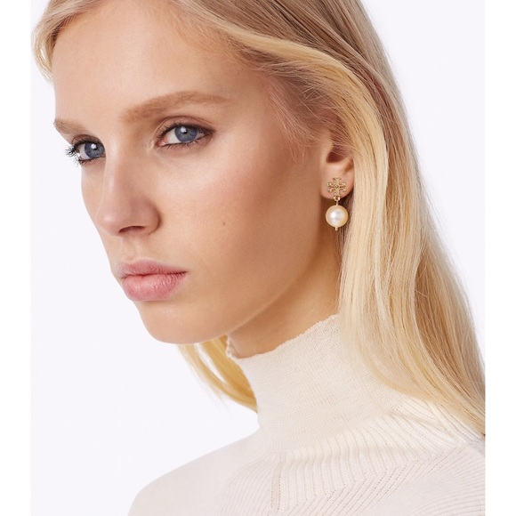 TORY BURCH • Gold Pearl Logo Drop Earrings - Picture 2 of 4
